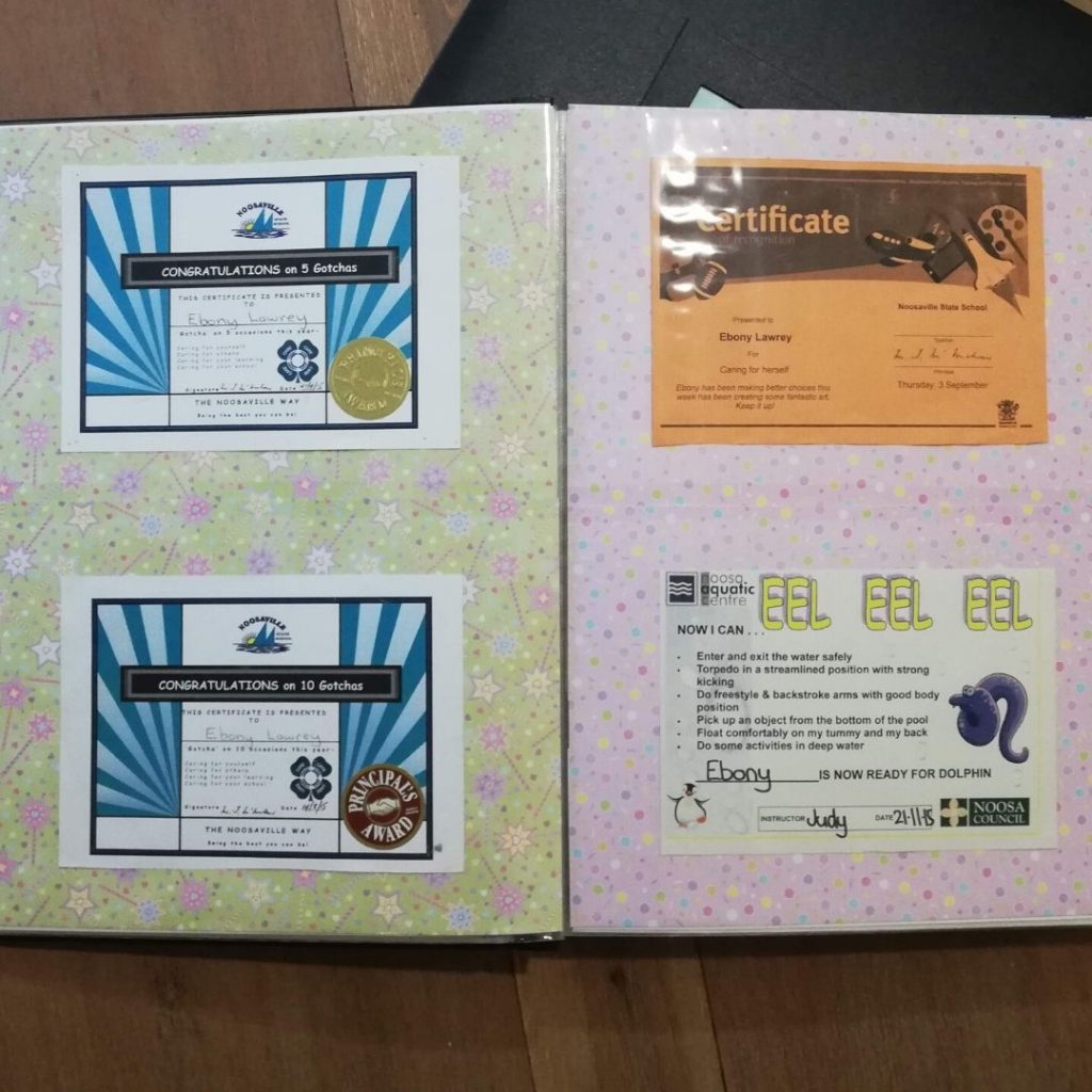 certificates with colourful scrapbook paper as background